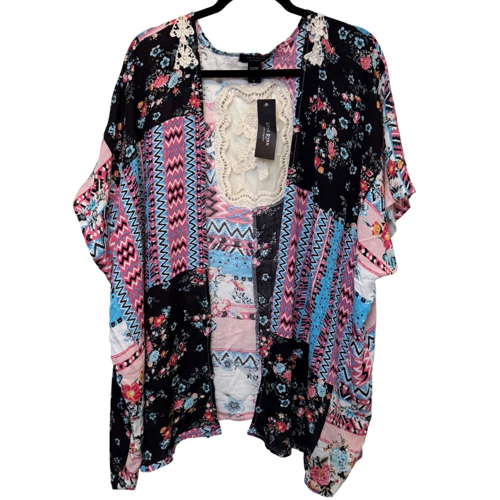 Love Ryan Womens Kimono XL Multicolor Patchwork Crochet Lace Boho Hippie